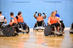 Barbara Omoruyi playing wheelchair rugby