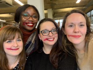 Picture of Felicity Cottle, Barbara Omoruyi, Hannah Travis and Olivia Boschat with smeared lipstick