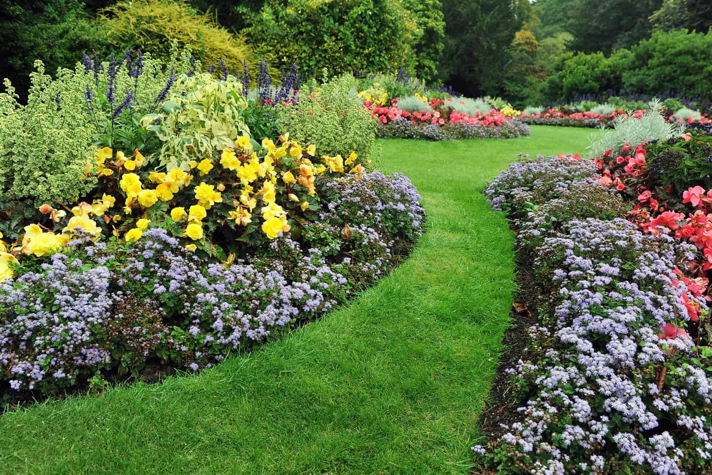Colourful,Flowerbeds,And,Winding,Grass,Pathway,In,An,Attractive,English
