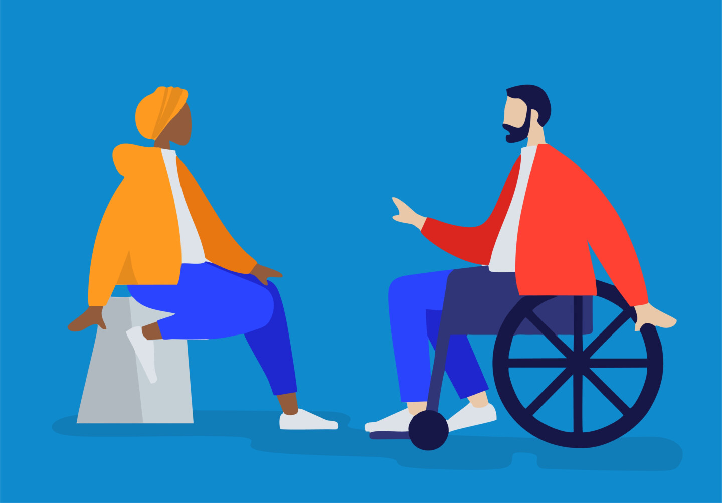 Two,People,Sitting,Chatting,,One,Using,A,Chair,And,One